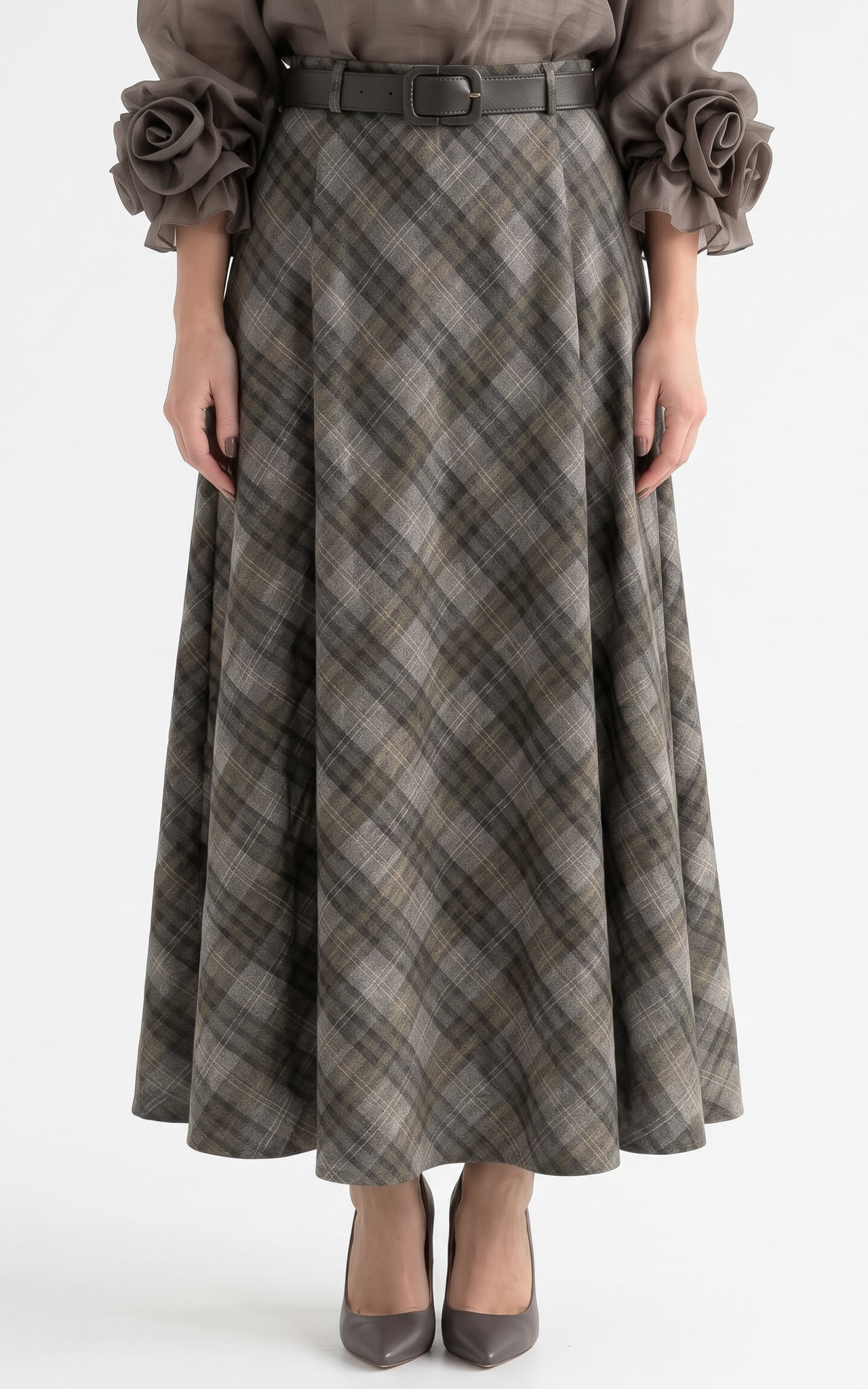 Fuste de dama lungi - Fusta in carouri Journey in carouri - 102 cm gri
