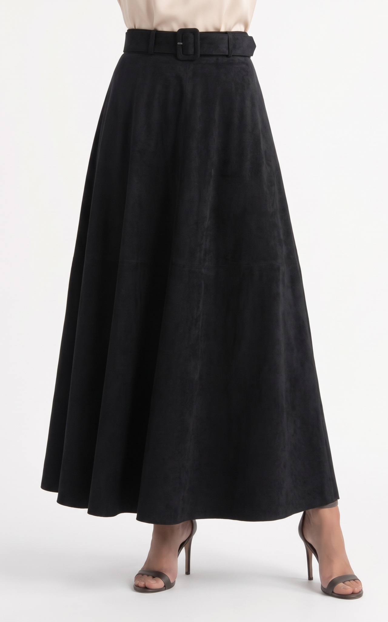 Fuste de dama lungi - Fusta Jocelyn de piele intoarsa vegana - 102 cm neagra